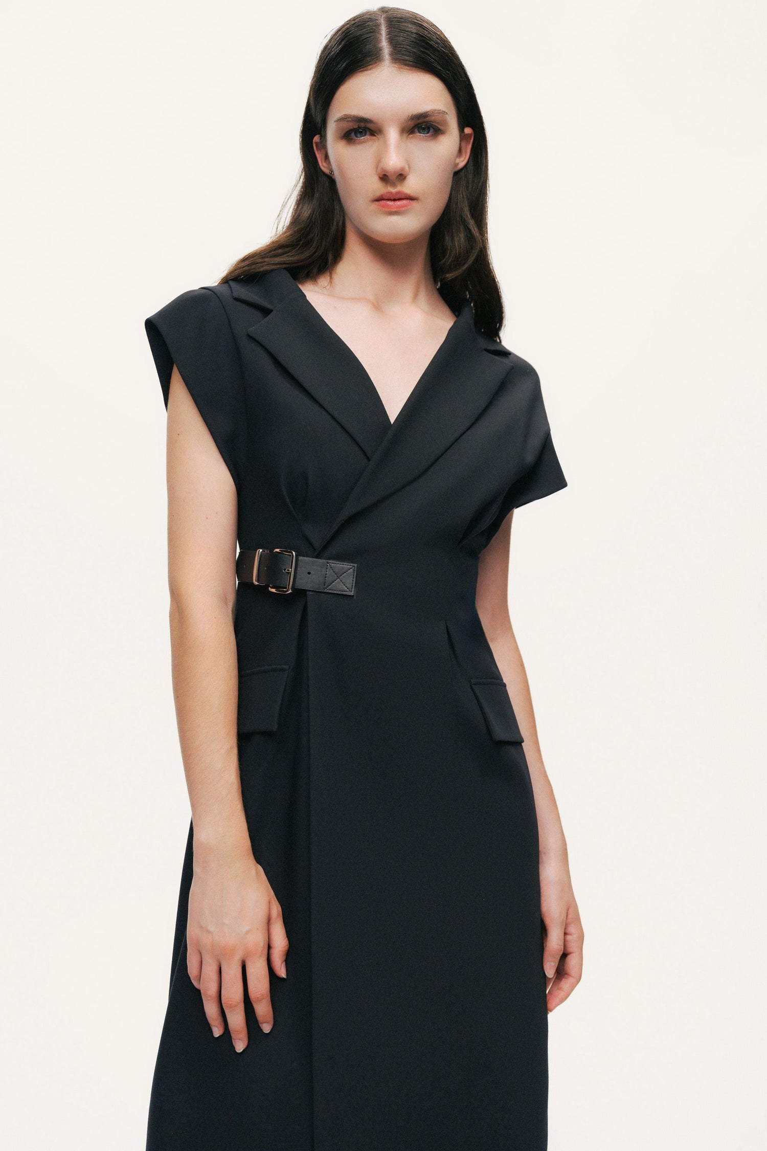 Tailored Buckle-Wrap Midi Dress