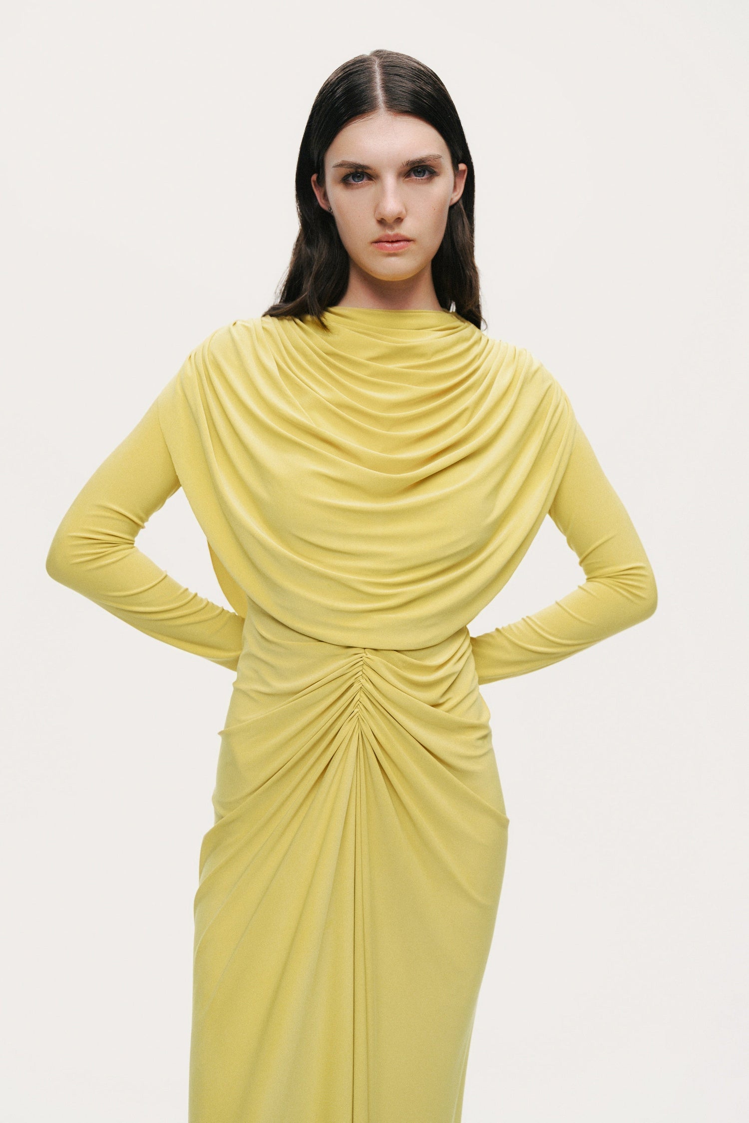 Draped Cowl-Front Column Dress