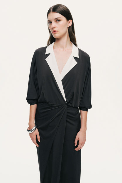 Contrast Lapel Draped Maxi Dress