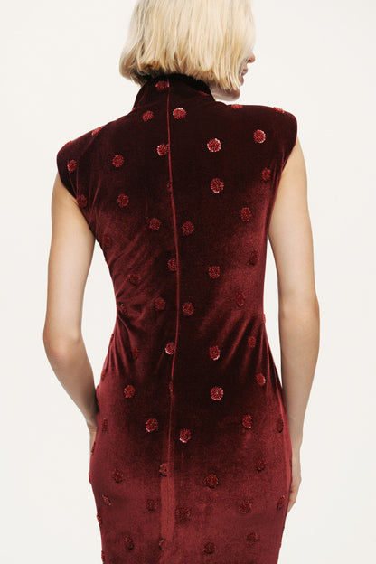 Mandarin-Collar Velvet Midi Dress