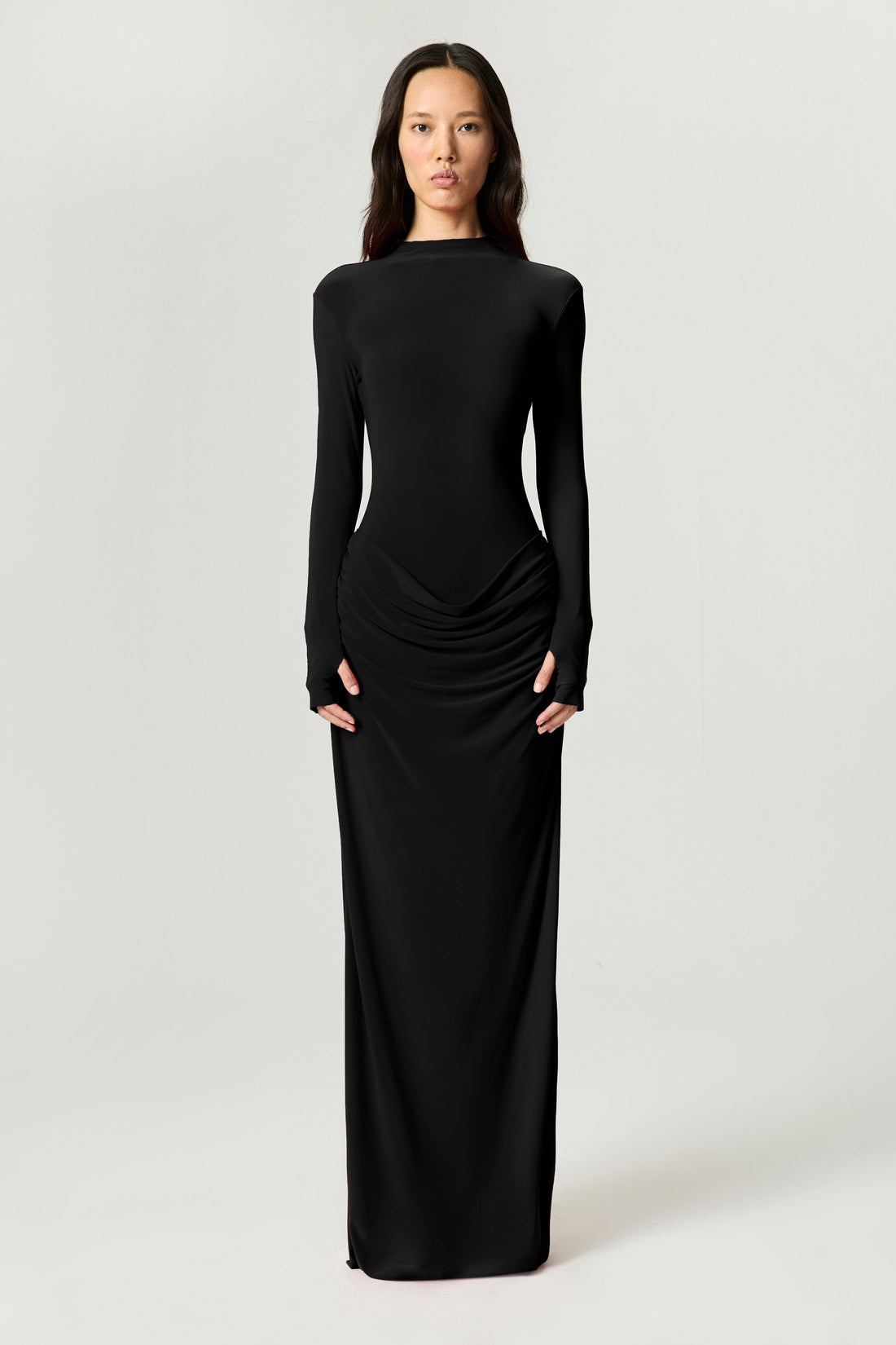 High-Neck Sculpted Ruched Maxi Dress