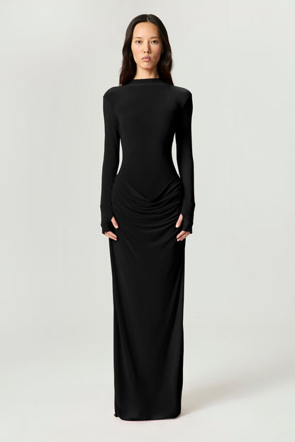 High-Neck Sculpted Ruched Maxi Dress