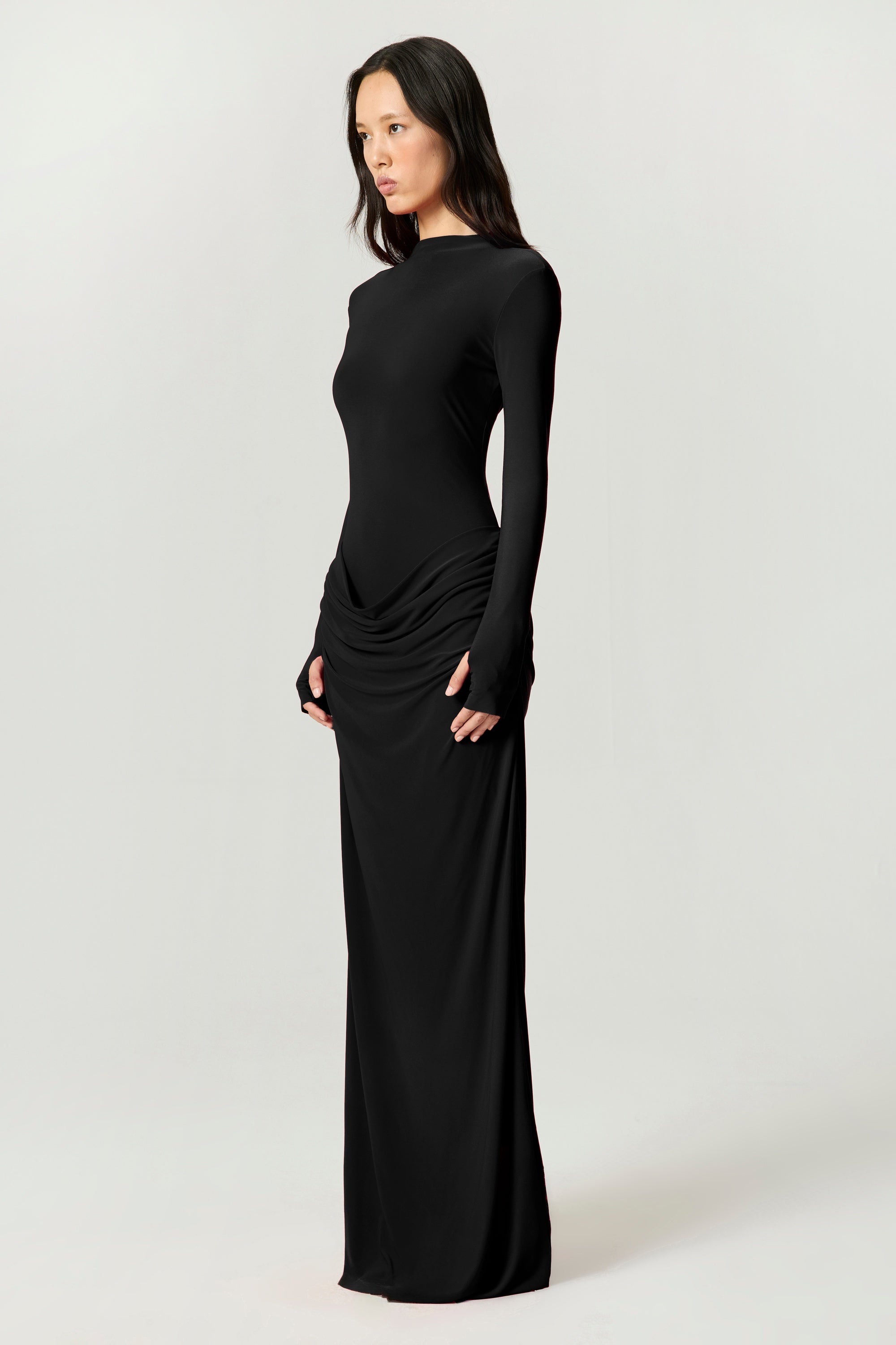 High-Neck Sculpted Ruched Maxi Dress