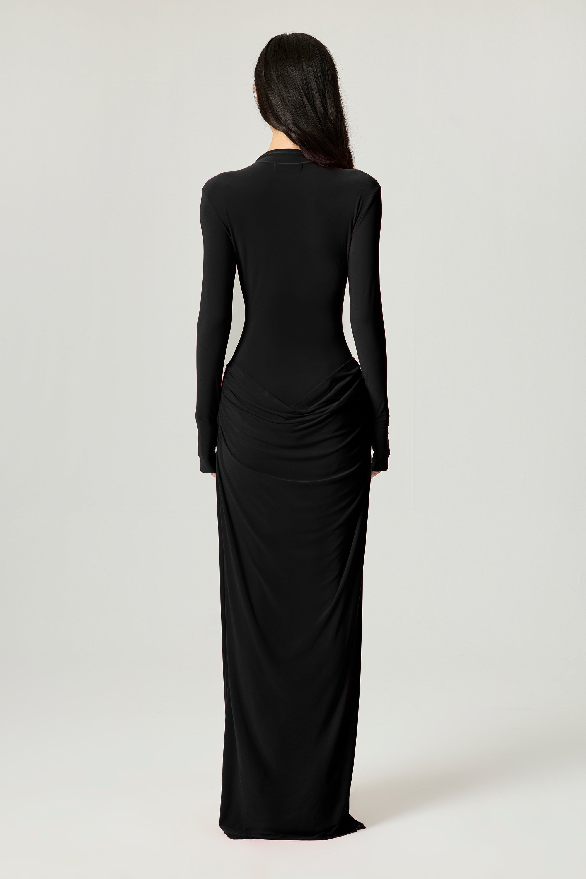 High-Neck Sculpted Ruched Maxi Dress