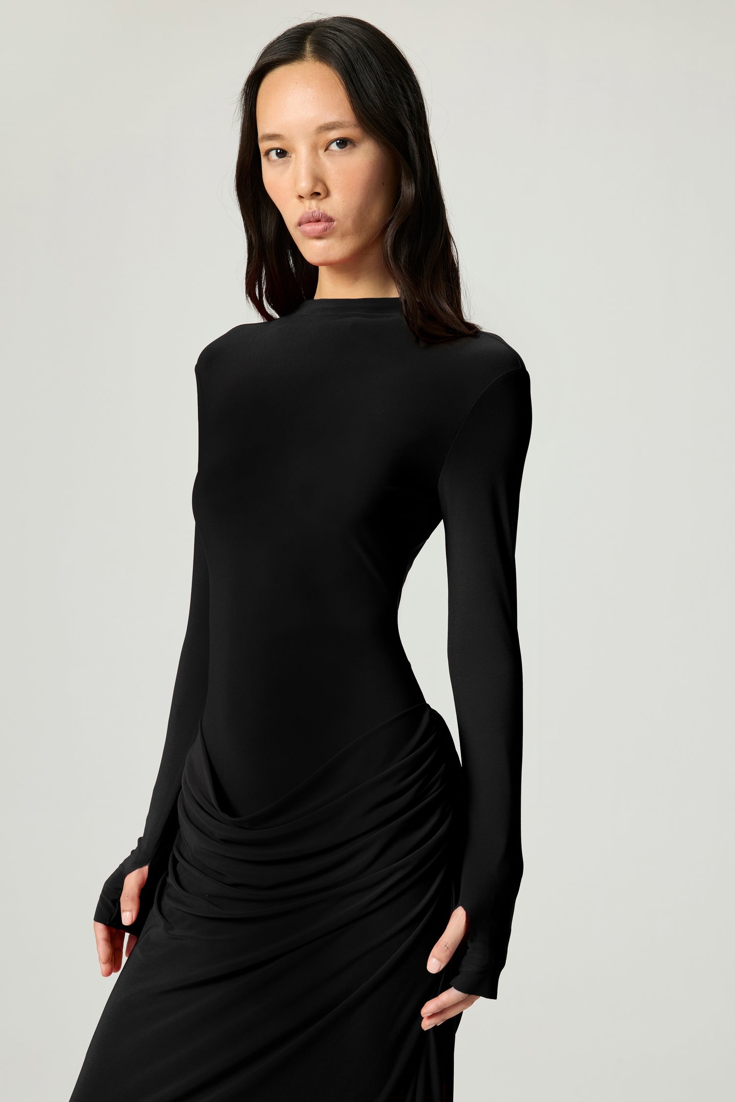 High-Neck Sculpted Ruched Maxi Dress