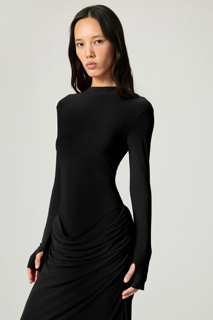 High-Neck Sculpted Ruched Maxi Dress