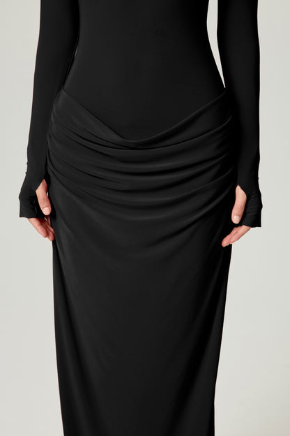 High-Neck Sculpted Ruched Maxi Dress