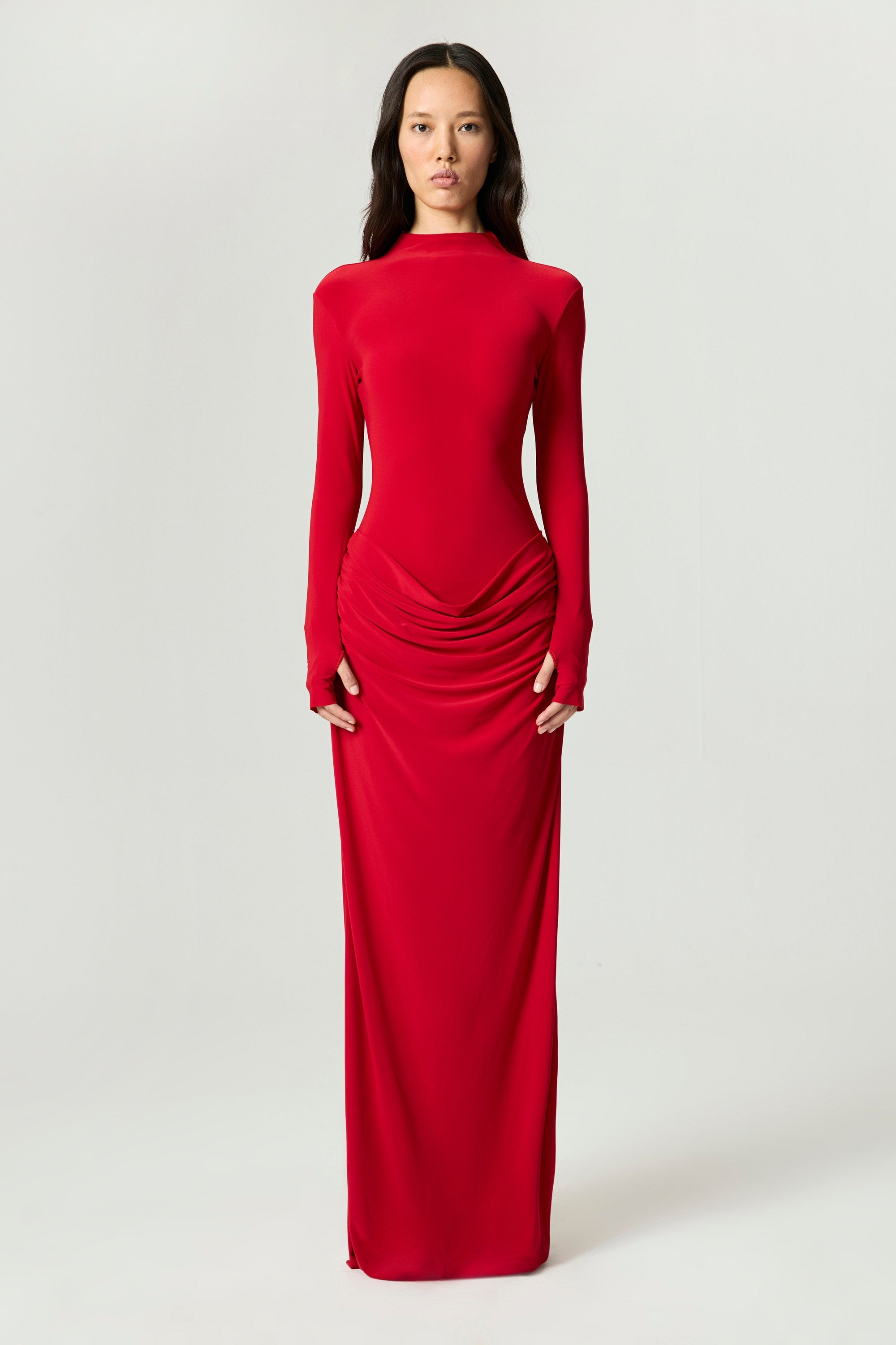 Red High-Neck Ruched Maxi Dress – Nocturne