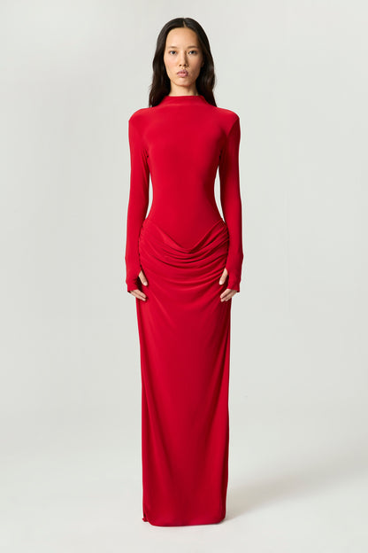 Red High-Neck Ruched Maxi Dress