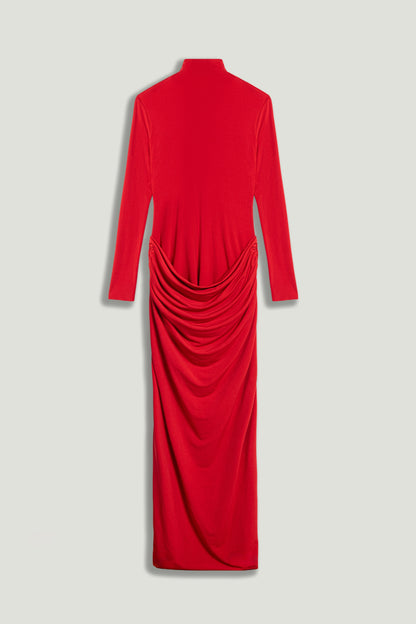 Red High-Neck Ruched Maxi Dress