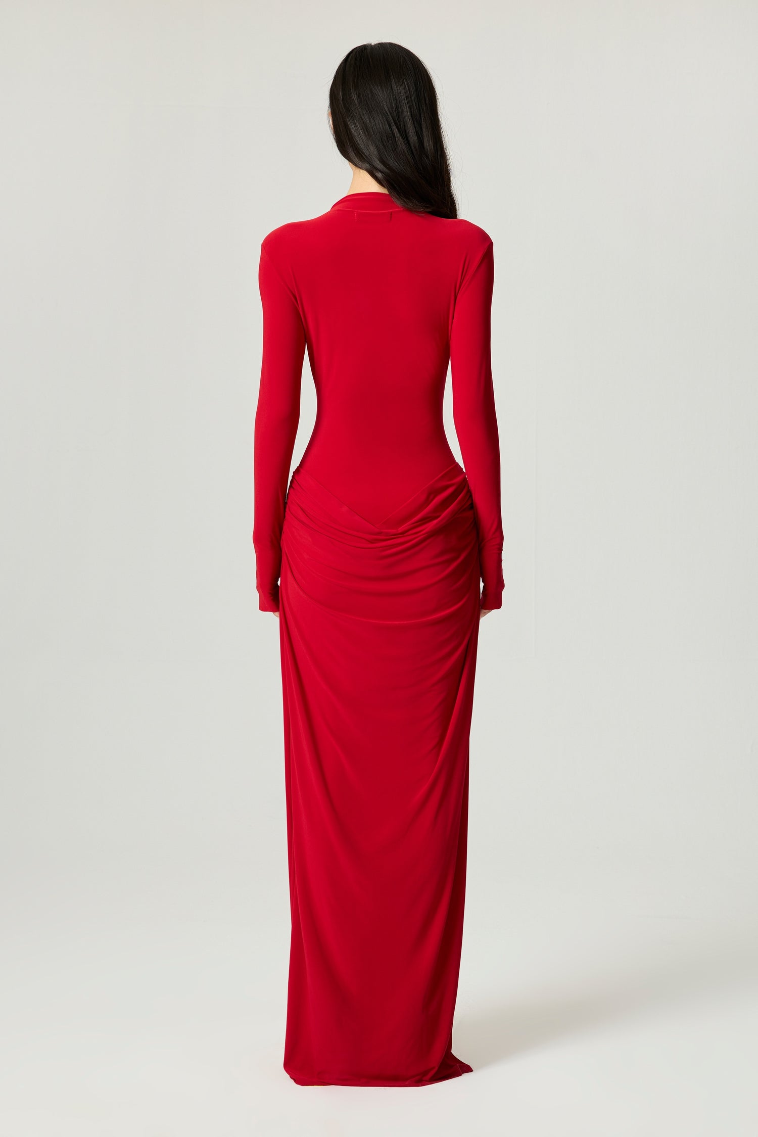 Red High-Neck Ruched Maxi Dress