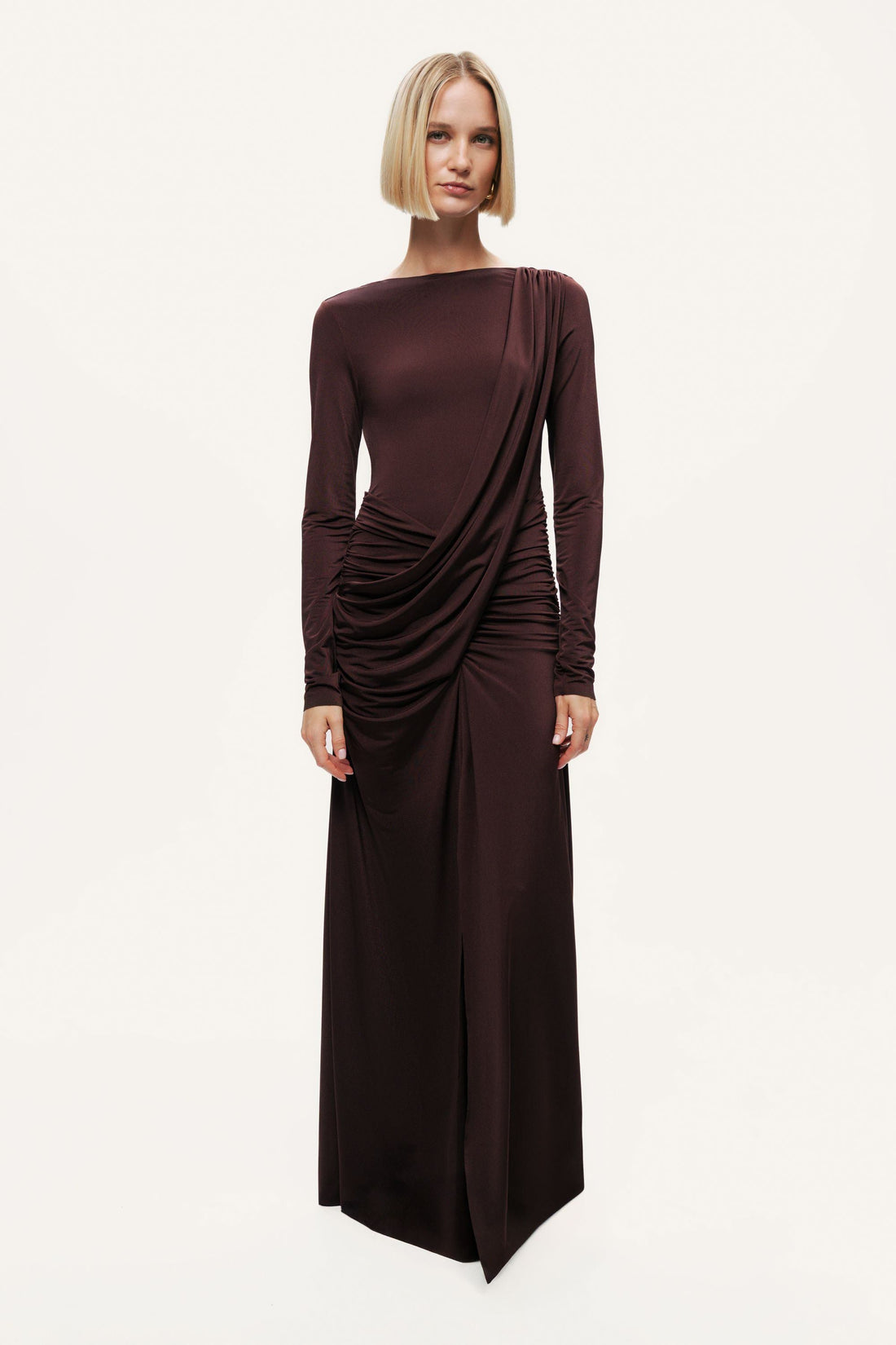 Asymmetric Draped Open-Back Dress