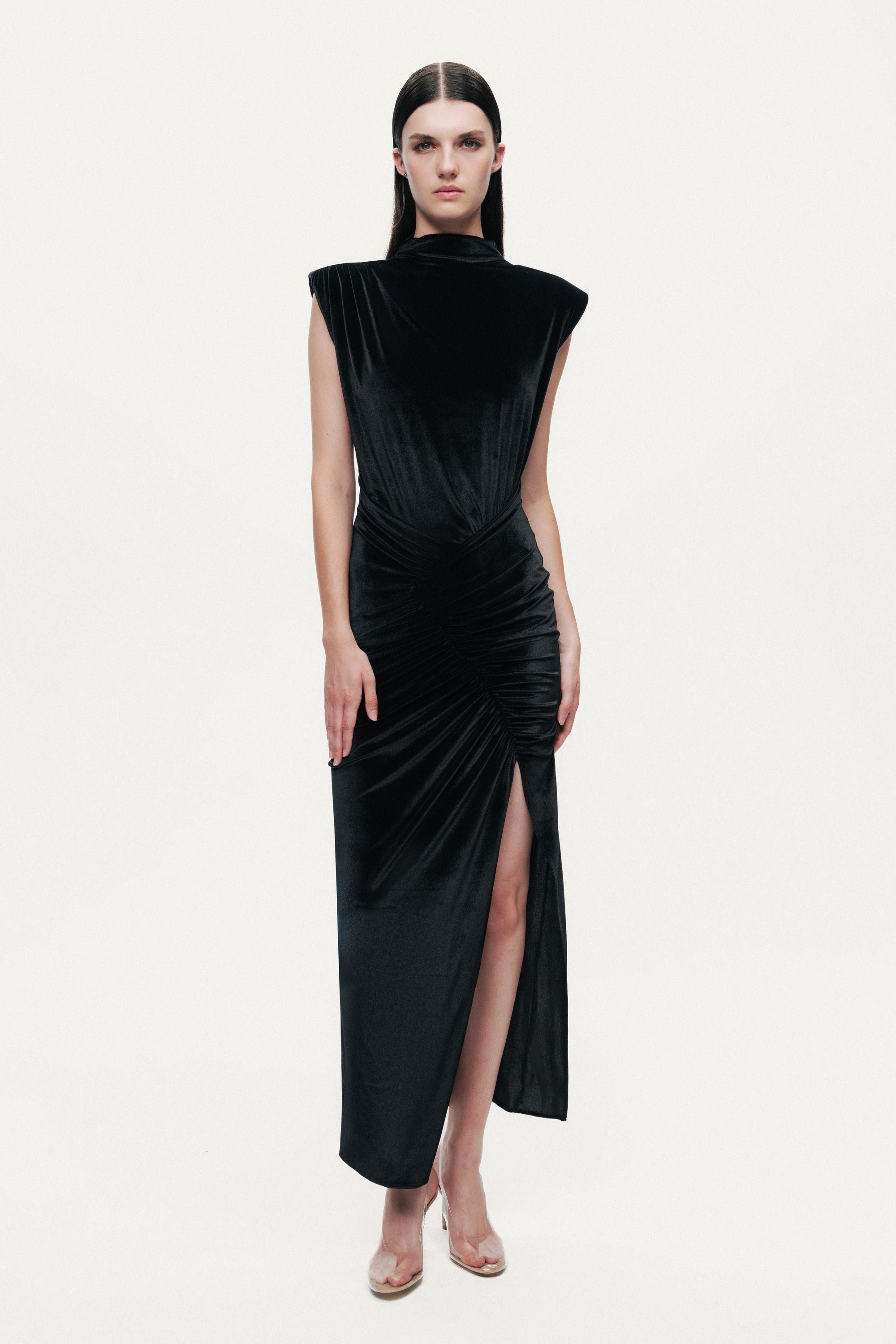 High-Neck Ruched Midi Dress