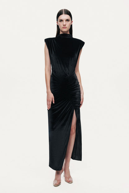 High-Neck Ruched Midi Dress