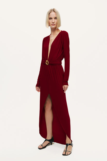 Deep Plunge Belted Jersey Maxi Dress