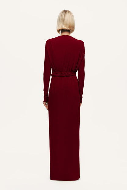 Deep Plunge Belted Jersey Maxi Dress