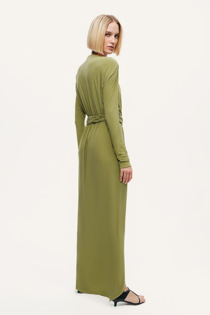 Deep Plunge Belted Jersey Maxi Dress