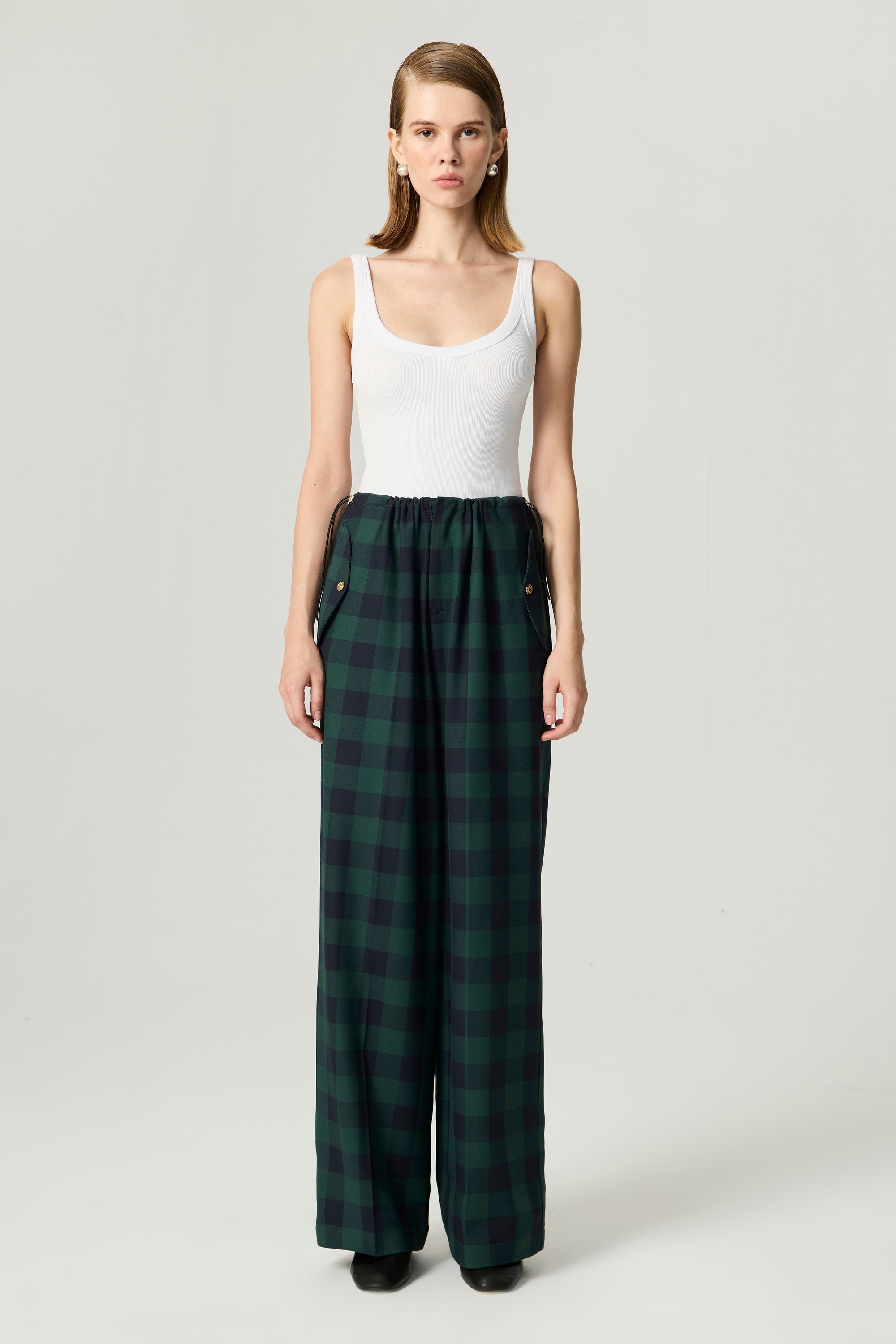 Emerald Check Drawstring Wide-Leg Pants