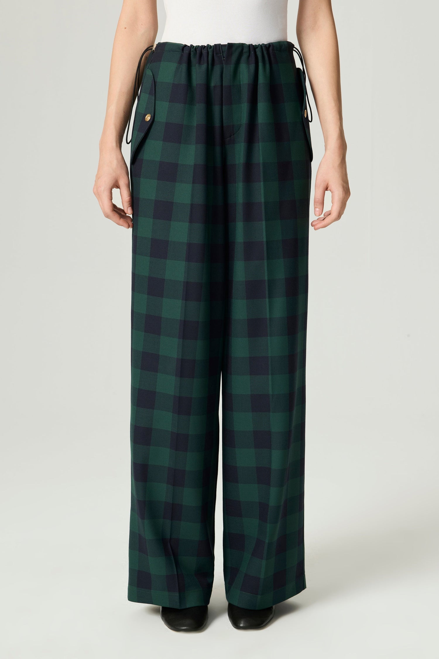 Emerald Check Drawstring Wide-Leg Pants