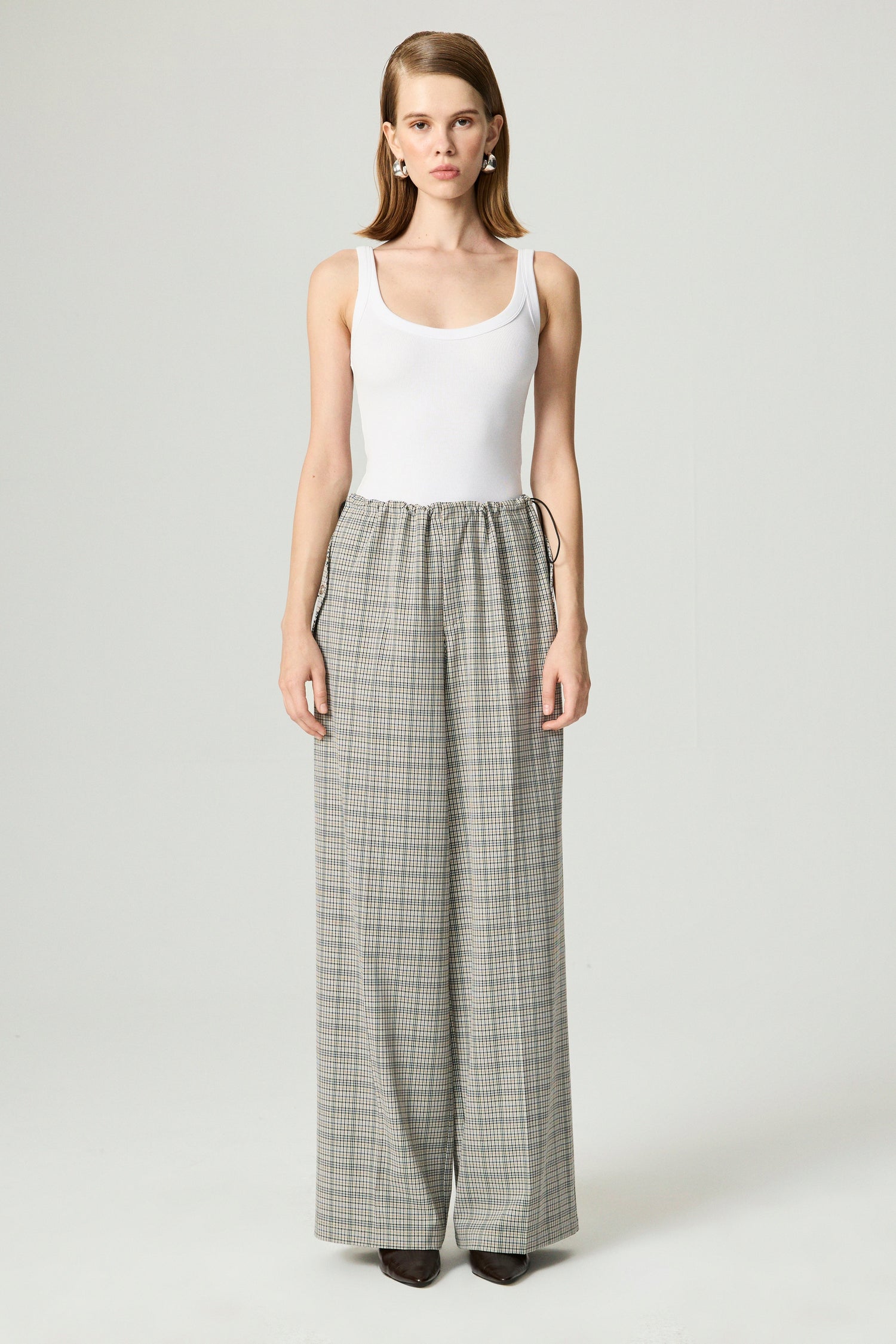 Plaid Wide-Leg Drawstring Pants