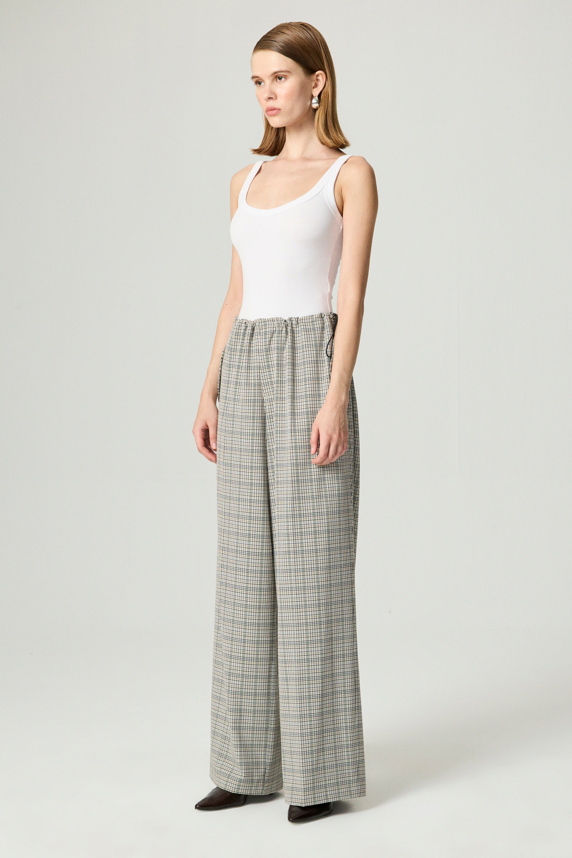 Plaid Wide-Leg Drawstring Pants