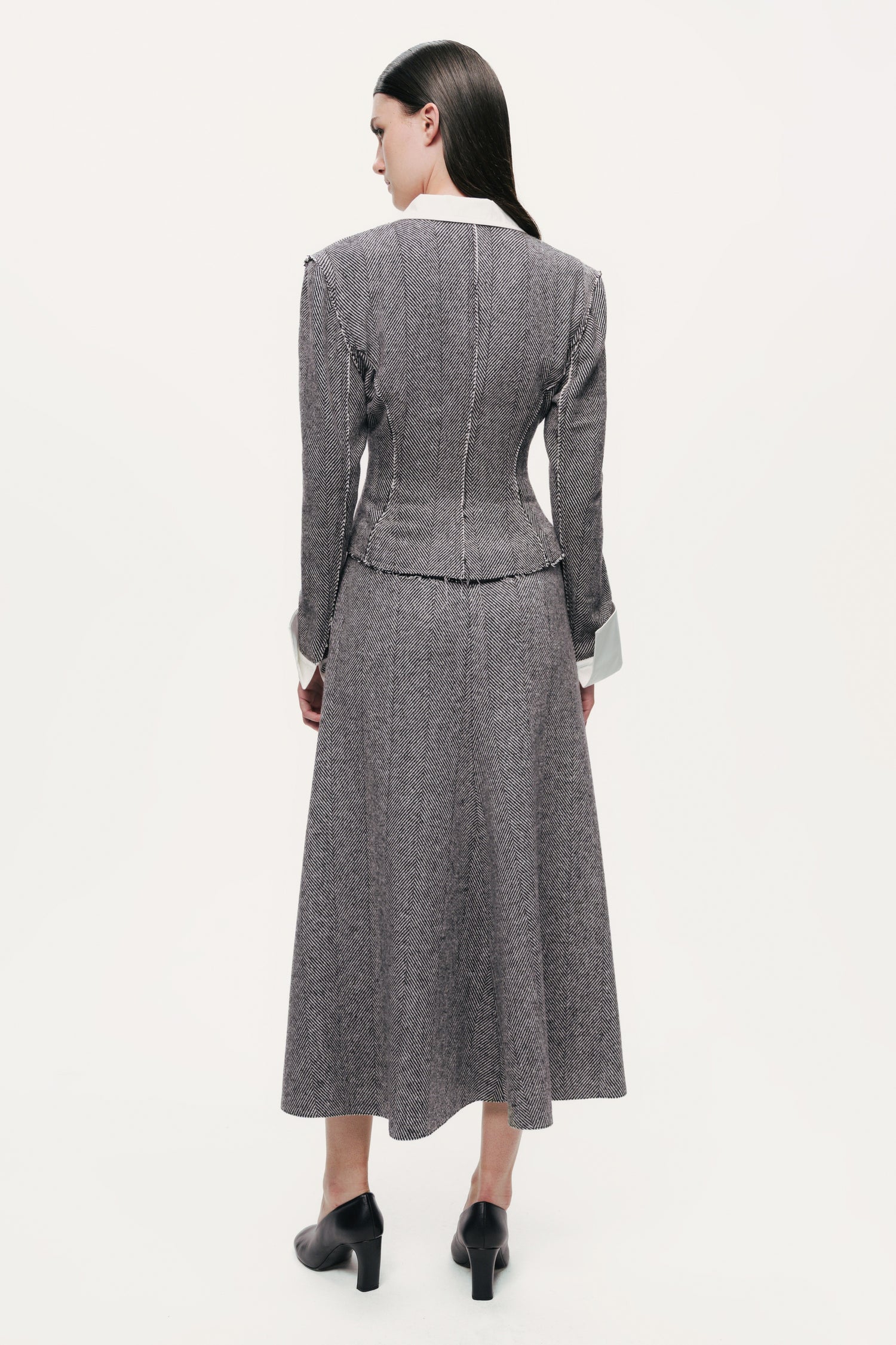 Herringbone Pattern Flared Midi Skirt