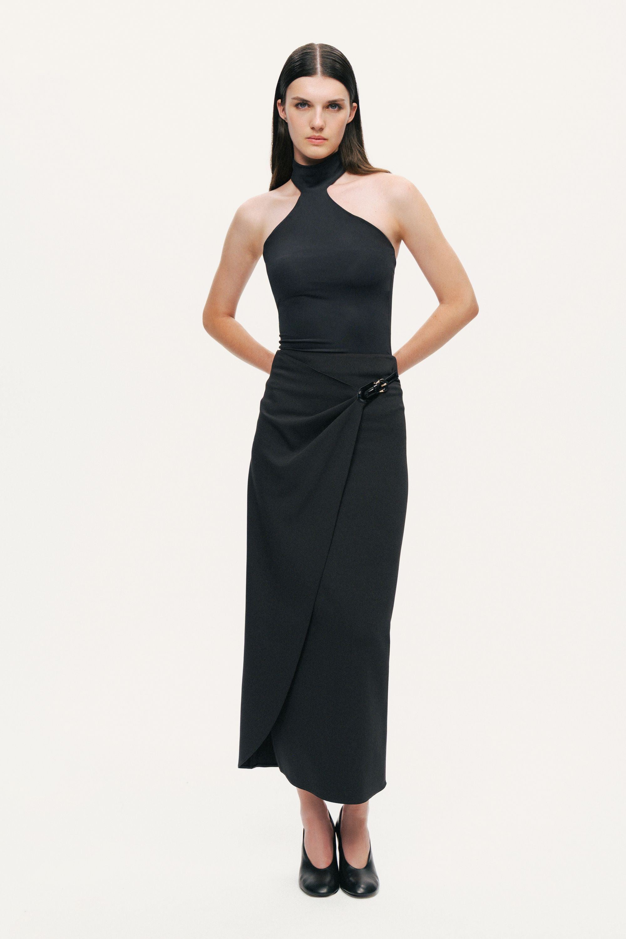 Ring-Buckle Asymmetric Wrap Maxi Skirt