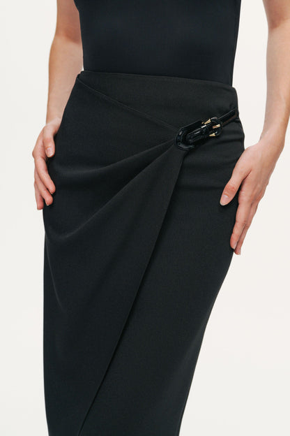 Ring-Buckle Asymmetric Wrap Maxi Skirt