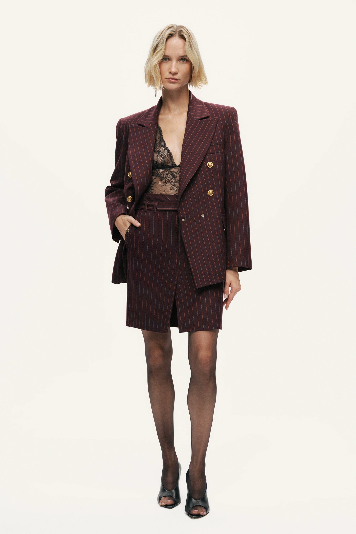 Pinstripe Belted Pencil Skirt