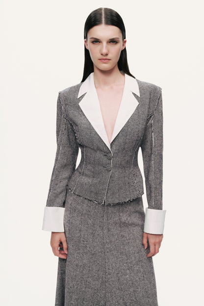 Contrast Lapel Tailored Textured Jacket