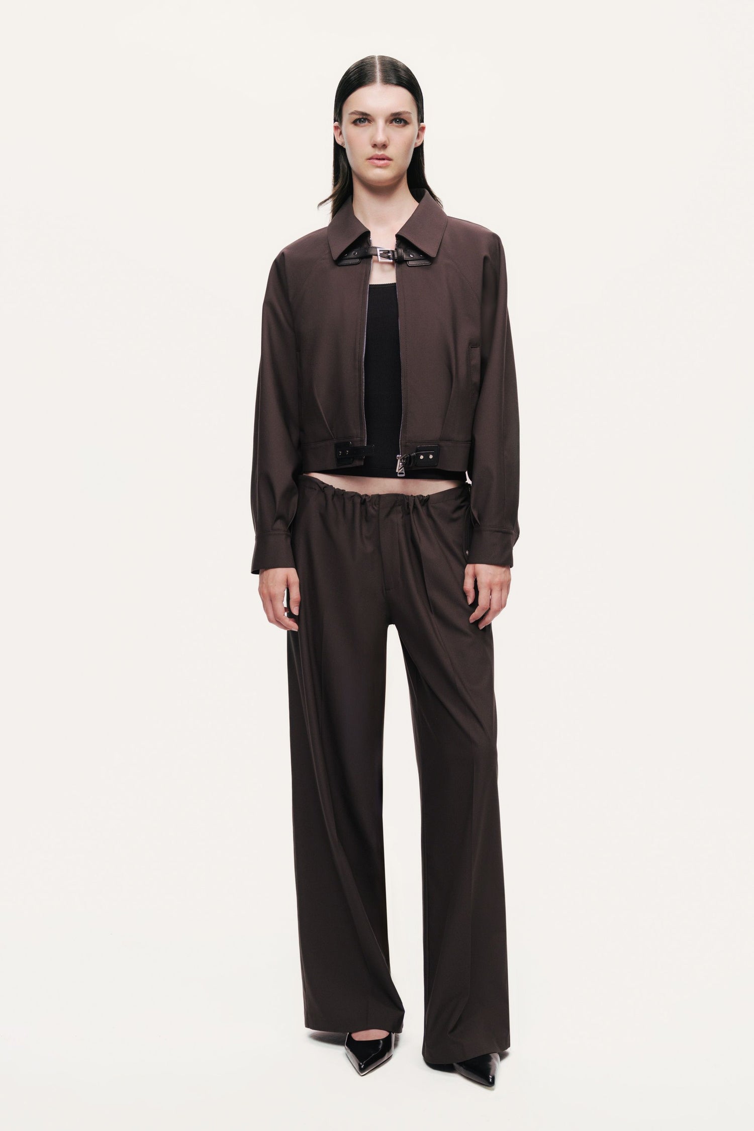 Buckle Detail Cropped Zip Jacket