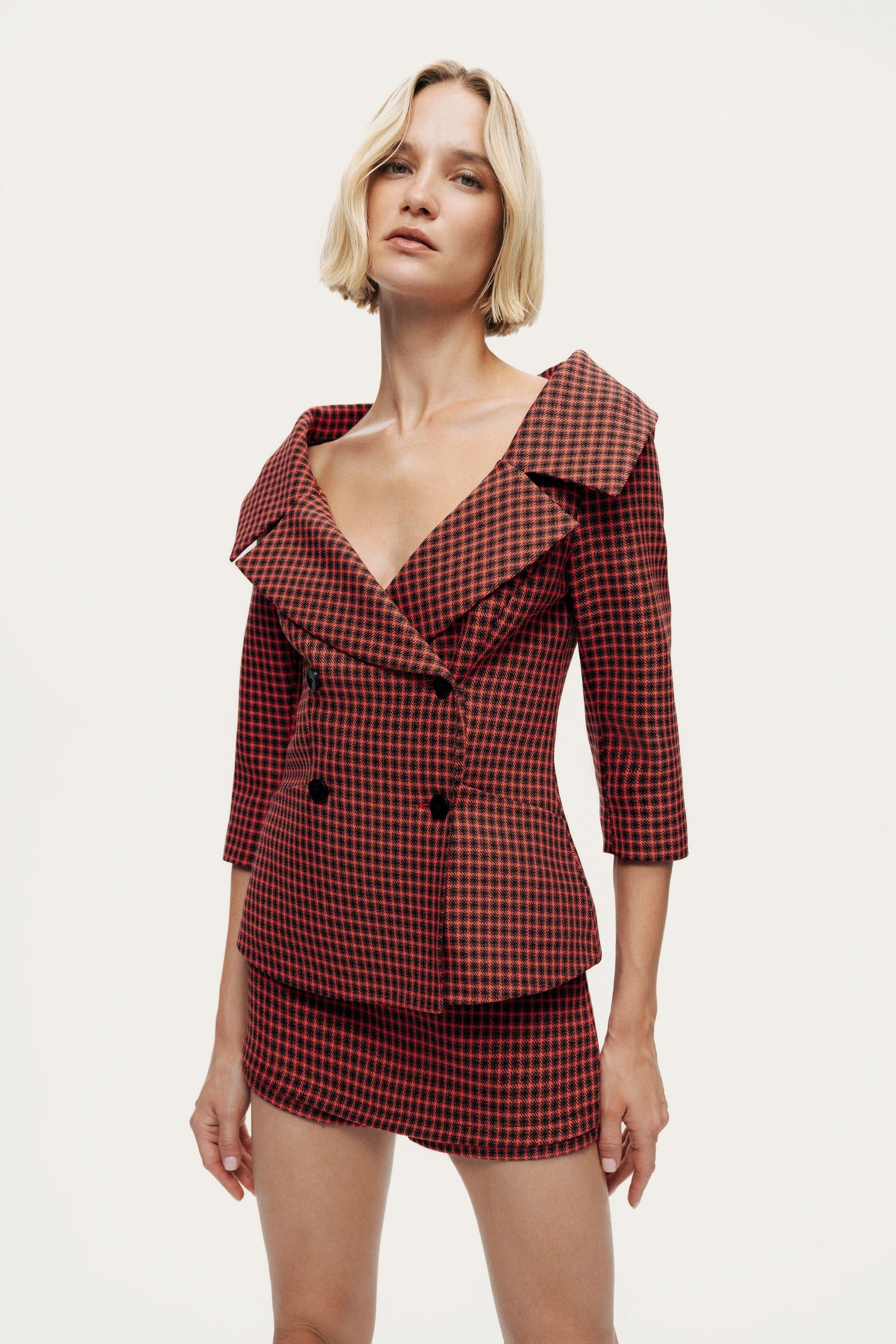 Checked Portrait Collar Double-Breasted Jacket