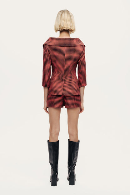 Checked Portrait Collar Double-Breasted Jacket