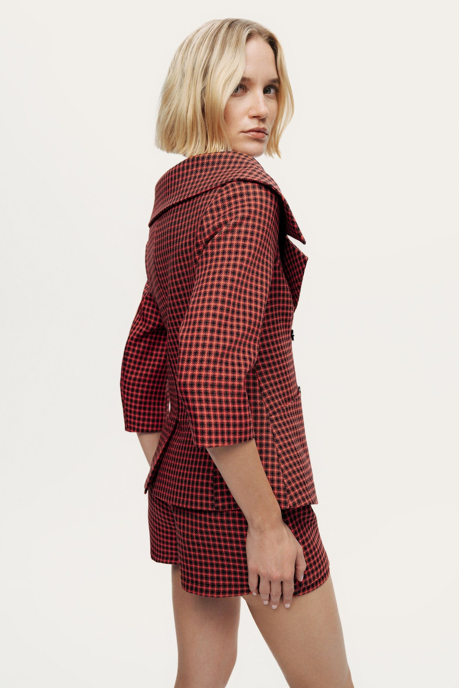 Checked Portrait Collar Double-Breasted Jacket