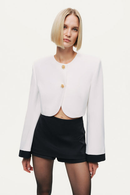 Gold-Button Cropped White Jacket