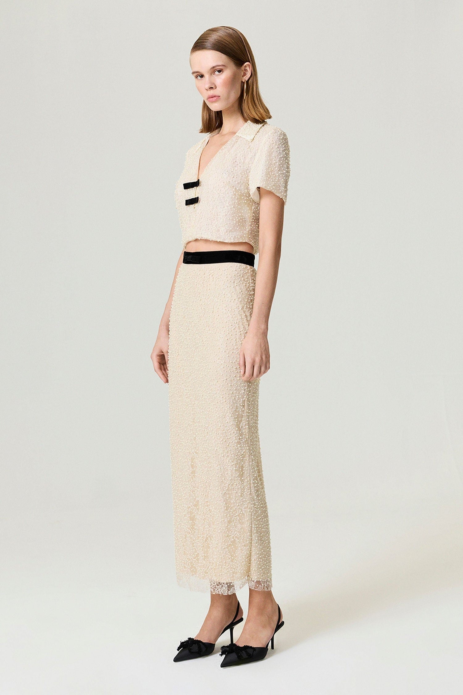 Pearl Embellished Bow Crop Blouse