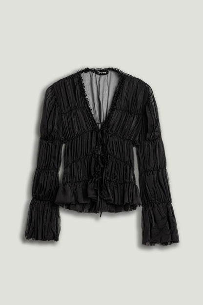 Black Ruched Sheer Blouse