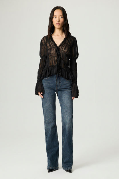 Black Ruched Sheer Blouse