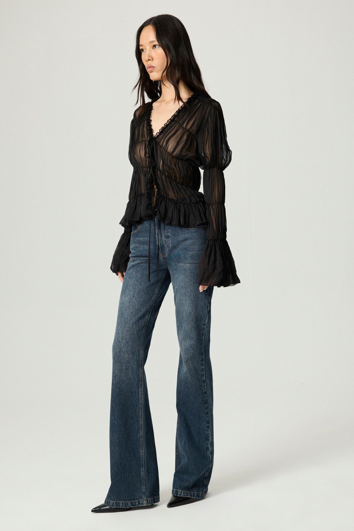 Black Ruched Sheer Blouse