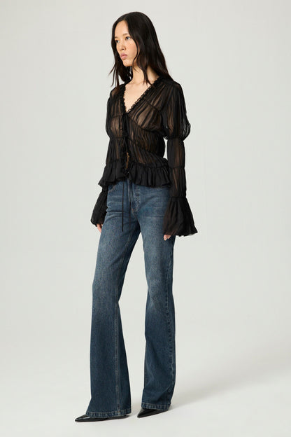 Black Ruched Sheer Blouse