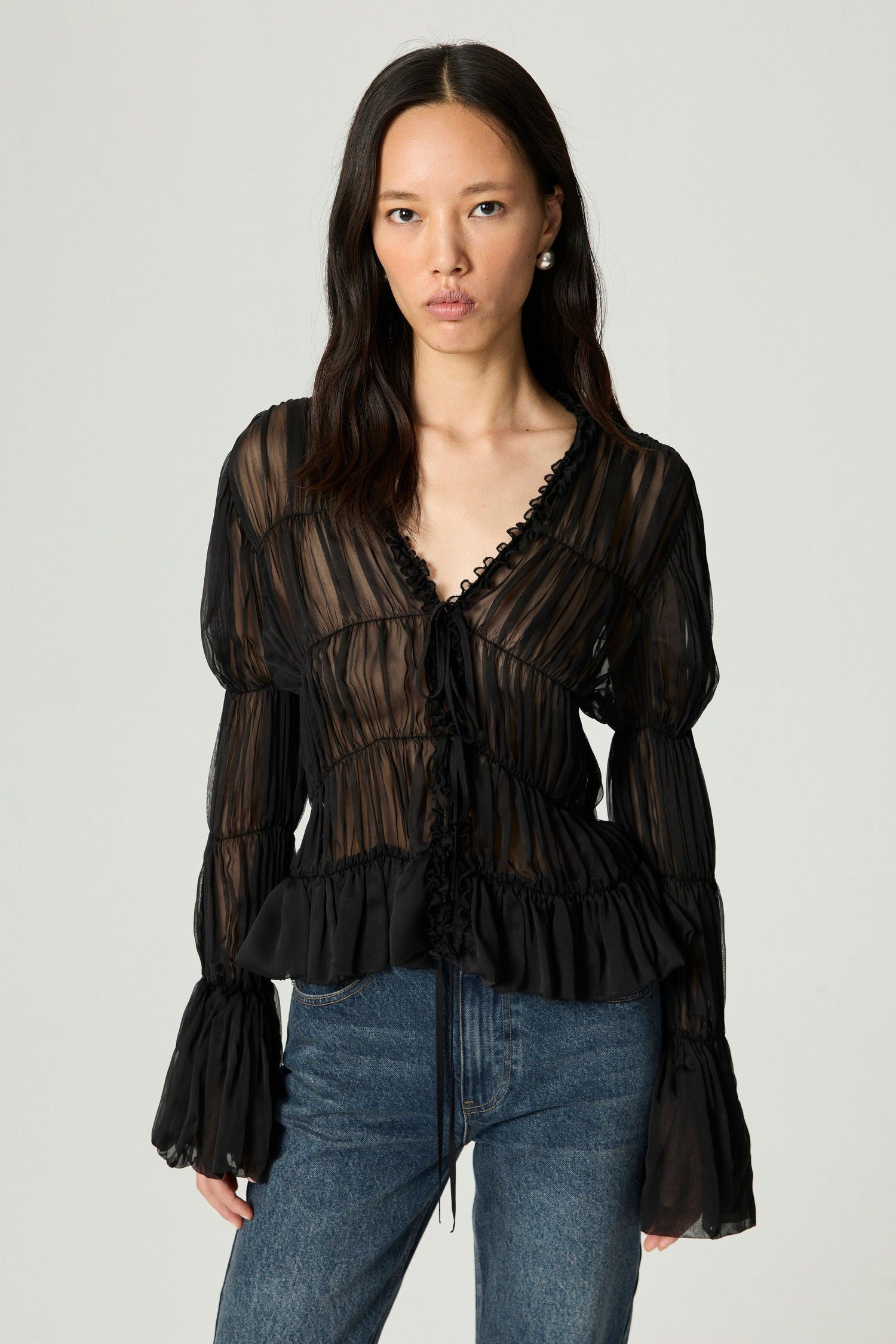 Black Ruched Sheer Blouse