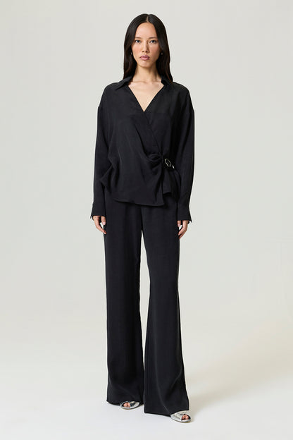 Black Logo Buckle Wrap Blouse