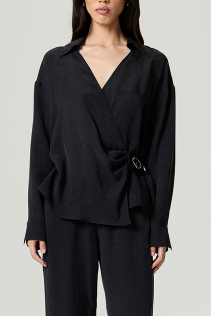 Black Logo Buckle Wrap Blouse