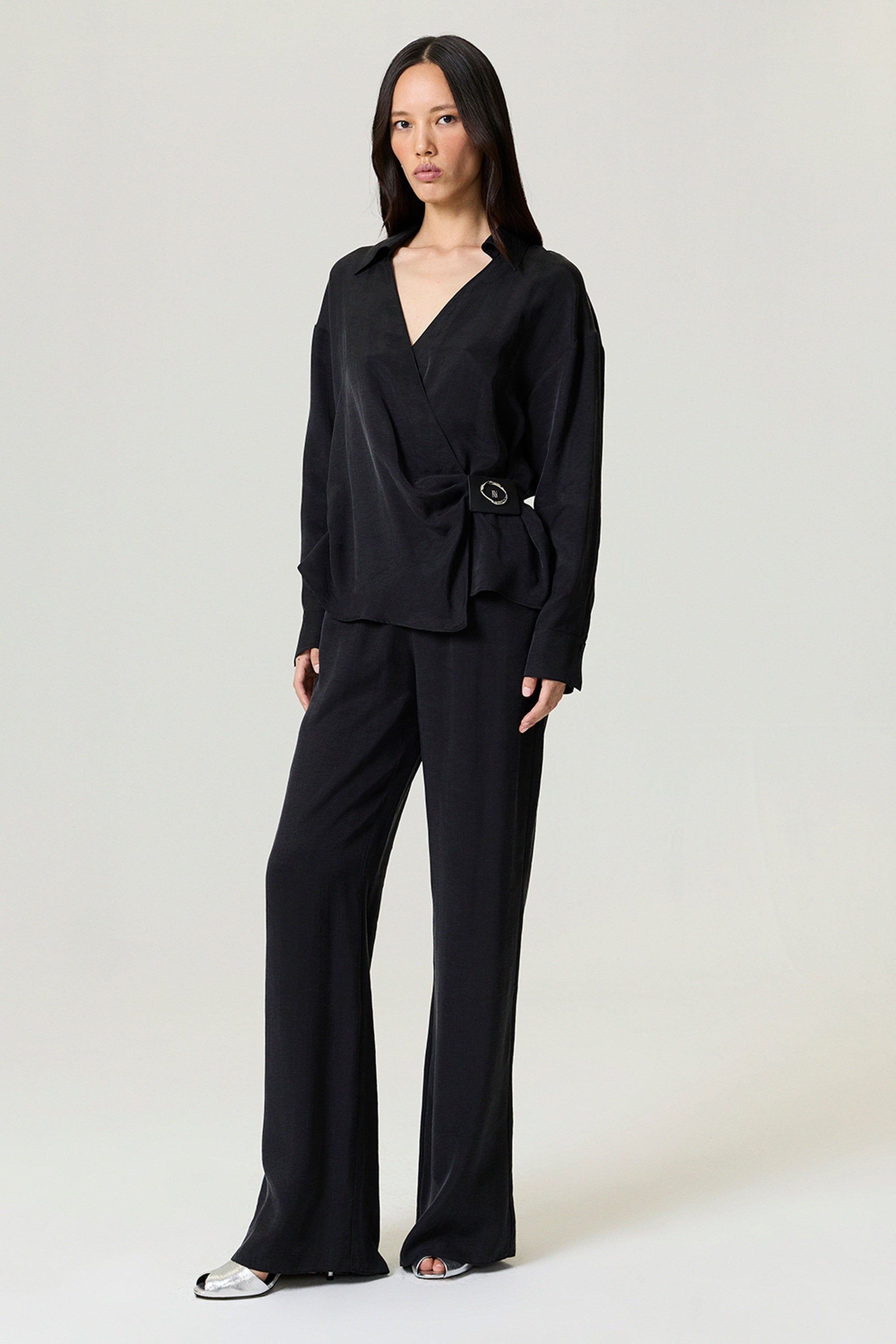 Black Logo Buckle Wrap Blouse