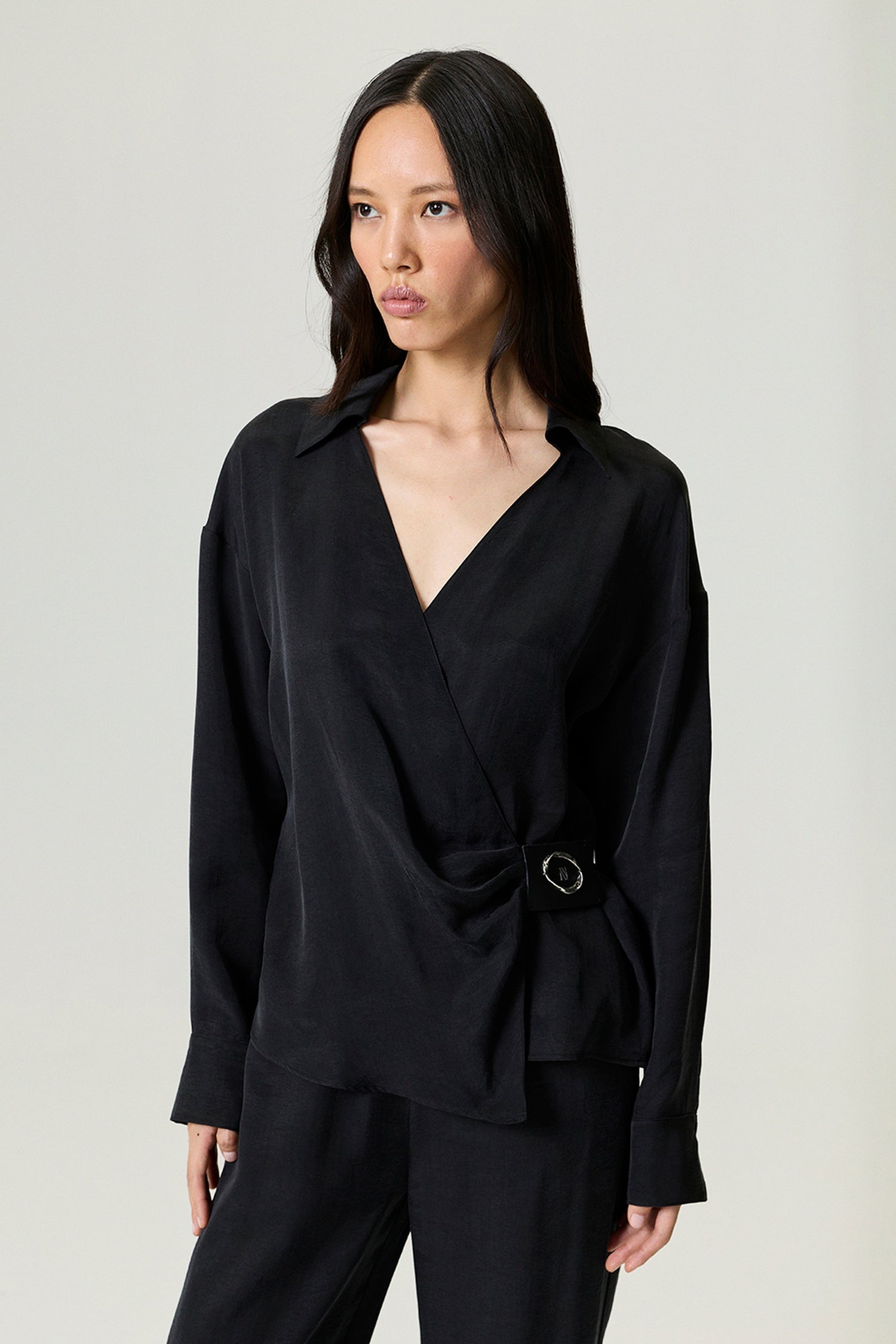 Black Logo Buckle Wrap Blouse