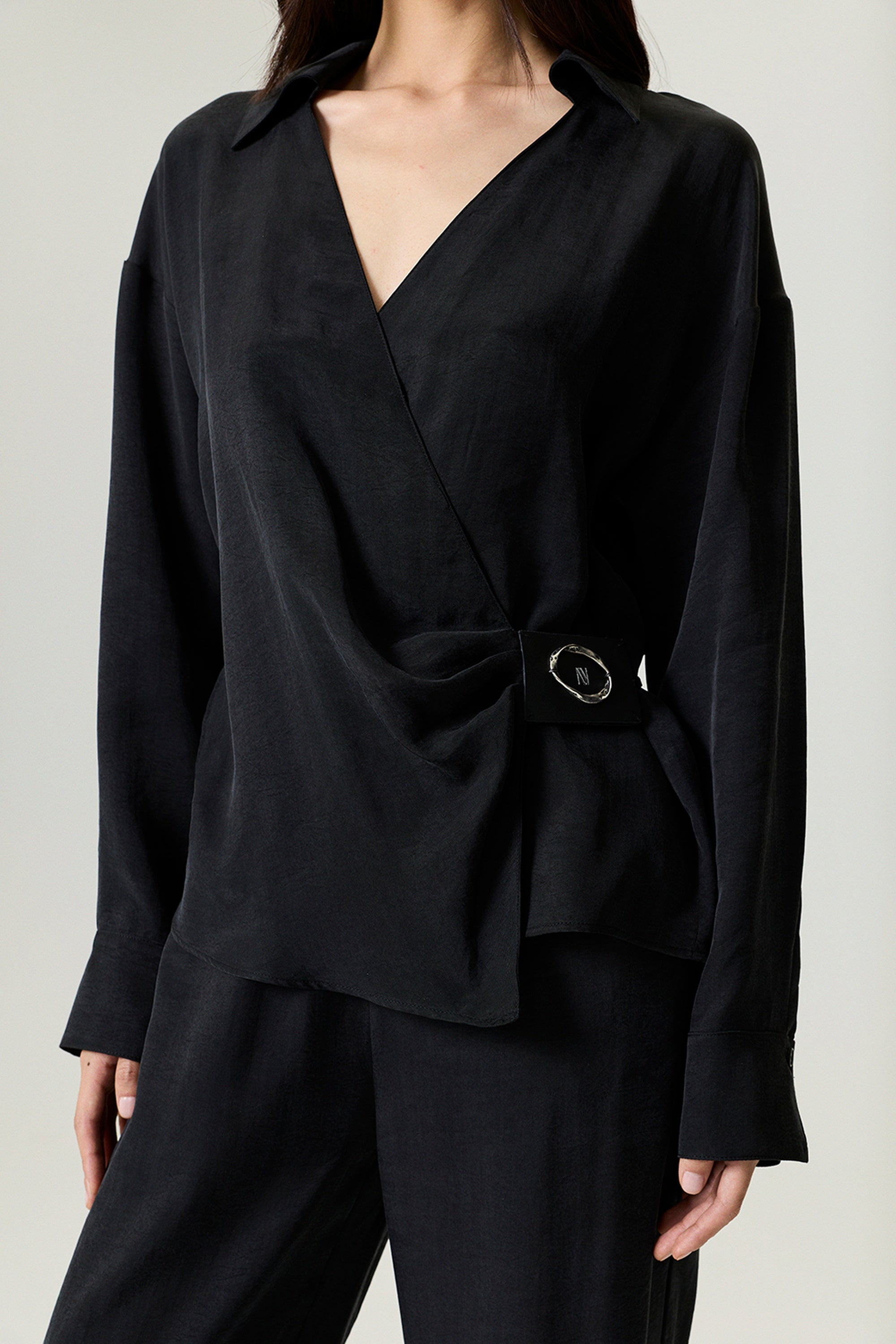 Black Logo Buckle Wrap Blouse