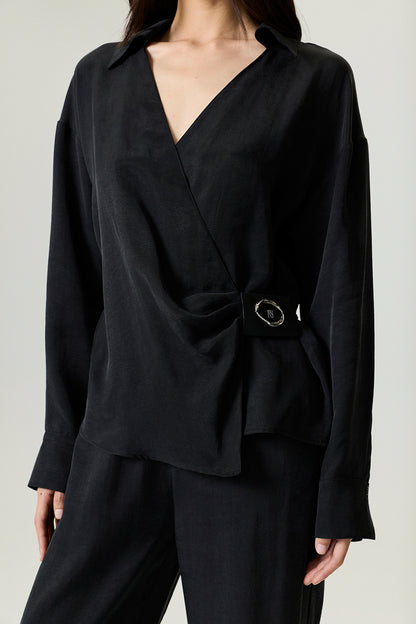 Black Logo Buckle Wrap Blouse