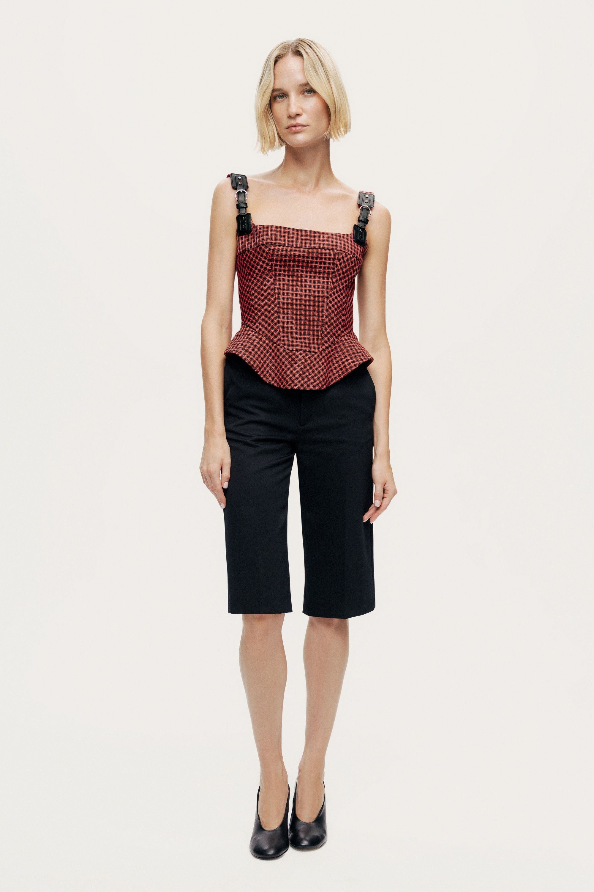 Checked Buckle Strap Corset Top