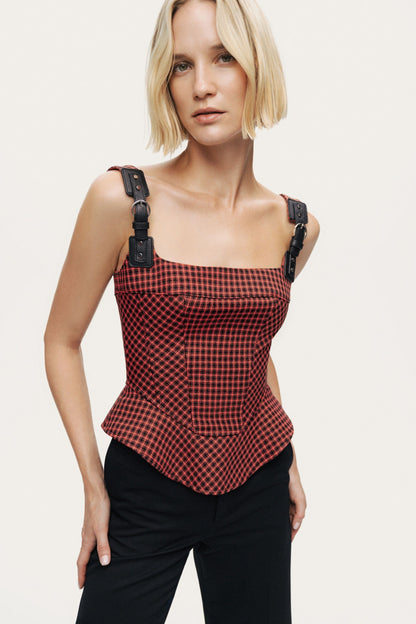 Checked Buckle Strap Corset Top