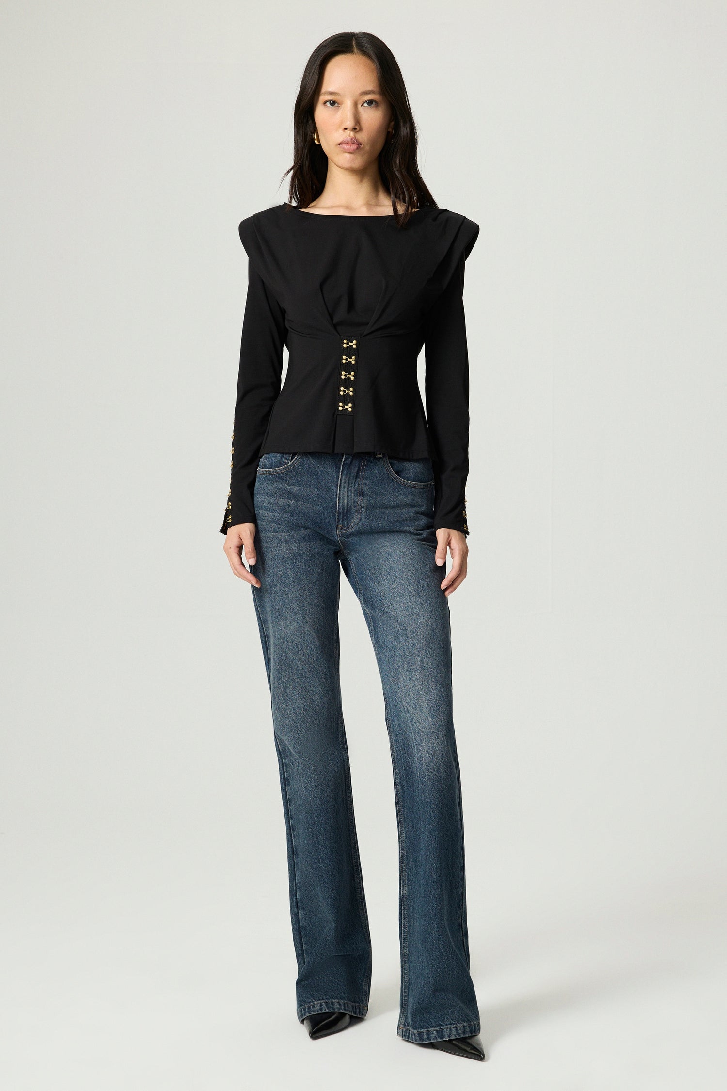 Hook-Detail Pleated Knit Blouse